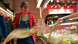 Fiskhandlare Lotta Hindsberg håller upp en odlad lax från Norge. Norsk lax står för en tredjedel av all fisk som konsumeras i Finland. Vi äter i medeltal 4 kg per person varje år. Lotta Hindsberg håller upp en odlad norsk lax vid Ekströms fiskdisk i saluhallen i Hagnäs, Helsingfors.
