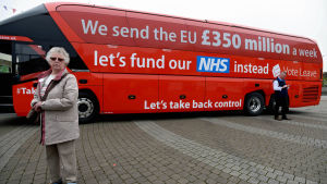 Brexitlögner Den brittiska Leave-kampanjens buss som gör kampanj för att Storbritannien ska träda ut ur EU.