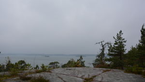 Det är här, i Falköfjärden, som det renade avloppsvattnet släpps ut. Falkofjärden i dimma.