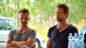 Jasper Pääkkönen och Antti Reini spelar in den senaste Vares-filmen i Åbo. Jasper Pääkkönen och Antti Reini i Åbo sommaren 2014 (Vares-inspelning)