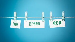 En miljöstämpel på ett klädesplagg behöver inte betyda att plagget är mer miljövänligt är vanligt. Lappar med texten bio, green och eco hänger på ett klädstreck.