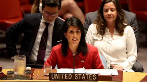 USA:s FN-ambassadör Nikki Haley under onsdagens krismöte. Nikki Haley är USA:s FN-ambassadör.