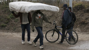 De flesta av invånarna i lägret kommer från Mellanöstern, Afrika och Afghanistan. Migranter bär på en madrass då franska myndigheter stänger ner delar av flyktinglägret i Calais 10 mars 2016.