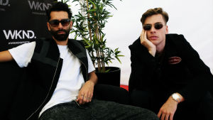 Yellowclaw nöjer sig med solglasögon. Den nederländska DJ-duon Yellowclaw sitter i mörka kläder och solglasögon. Mellan dem syns en plastväxt.