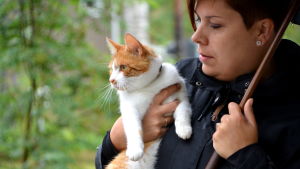 Katten Morris gillar att utforska området. Maria Grundström och katten Morris.