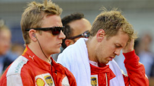 För jämn satsning på Kimi och Sebastian, säger Nico Rosberg. Kimi Räikkönen och Sebastian Vettel, Ferrari, våren 2015.
