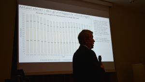 Bildningsdirektör Hilding Mattson framför en graf över antalet elever i Borgå. Bildningsdirektör Hilding Mattson framför en graf över antalet elever i Borgå.
