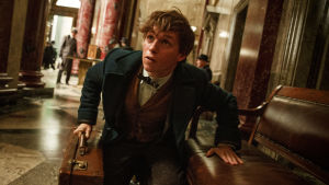 Eddie Redmayne som Newt Scamander bär på en kappsäck och stiger upp från golvet