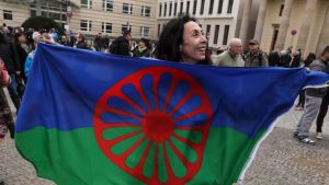 De blågröna färgerna i flaggan hade antagits vid en kongress i Bukarest redan 1933 Demo i Berlin mot diskriminering mot romer.