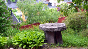 I trädgården finns en gammal kvarnsten. Kvarnsten i trädgården vid Diktarhemmet i Borgå