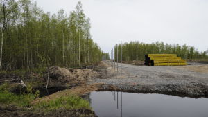 Stängslet kring kraftverksområdet ska stå klart i juli. Stängsel som håller på att byggas vid det planerade kärnkratsbygget i Hanhikivi, Pyhäjoki