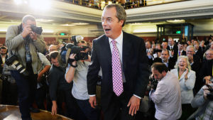 Nigel Farage som Ukips partiledare under kampanjen inför EU-valet år 2014. UKIP:s (United Kingdom Independence Party) ordförande Nigel Farage vid partiets möte i september 2013.