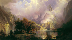 Nationalromantiskt 1800-tals landskap av Albert Bierstadt En dal med en spegelblank sjö i Klippiga Bergen.