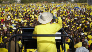 Museveni för kampanj i partiet NRMs färg gult. En del har beskyllt honom för att hämta folk till sina kampanjtillställningar mot betalning och journalister har fått höra om människor som inte alls förstått att de satt sig på bussen till Musevenis kampanjtåg. ugandas president yoweri museveni