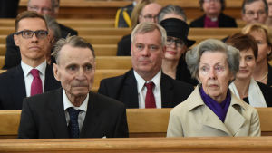 Mauno och Tellervo Koivisto i Helsingfors domkyrka i april 2015. President Mauno Koivisto och Tellervo Koivisto i Helsingfors domkyrka den 15 april 2015.