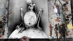 Ralph Steadmanin kynästä. Ralph Steadmanin taidetta. Kuva dokumenttielokuvasta For No Good Reason.