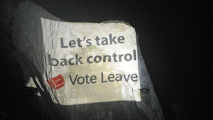 Brexitanhängare projicerar slagord på klipporna i Dover. Brexitanhängare projicerar budskap på en klippa i Dover