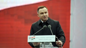 Andrzej Duda talar på minnesceremonin, 23.10.2016. Polens president Andrzej Duda talar på en minnesceremoni i Budapest, Ungern, för Ungerrevolten 1956.