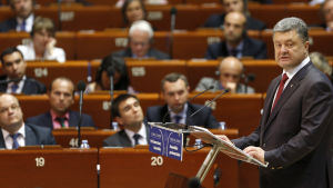 Ukrainas president Petro Poroshenko talar i Europarådet i Strasbourg i juni 2014. Council of Europe, Petro Poroshenko