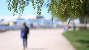 Är det helt förbjudet att gå ut medan man befinner sig i karantän? Nej. Du får röra dig utomhus i närheten av ditt hem, men du måste hålla avstånd till andra människor. En kvinna som promenerar.