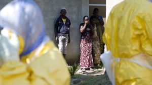 Grannar tittar på då guineanska röda kors-medarbetare för bort ett ebolaoffer i Macenta, Guinea i november 2014 Grannar tittar på då guineanska röda kors-medarbetare för bort ett ebola-offer i november 2014