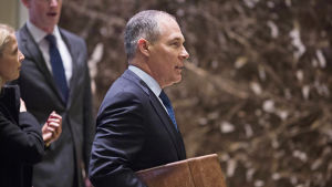 Scott Pruitt på väg till ett möte med Donald Trump i Trump Tower på Manhattan i New York. Scott Pruitt går genom aulan i Trump Tower i New York.