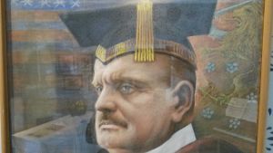 Tavla föreställande Jean Sibelius som hedersdoktor vid universitetet i Yale 1914