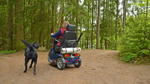 Arja Alho använder en elektrisk rullstol för att röra sig på tomten. Arja Alho och assistenthunden Kalle på väg ner till stranden.