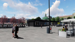 De gamla servicebyggnaderna ska bort och ersättas med modernare skapelser. Åbo Salutorg från Köpmansgatan.