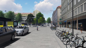 Köpmansgatan reserveras för service- och tomttrafik, cyklister och fotgängare. Taxin och cyklar på Köpmansgatan.