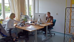 Valeria Gasik och Valtteri Wikström på bolaget Soundshade, som redan flyttat in i Startup Maria. Valeria Gasik och Valtteri Wikström på bolaget Soundshade som har kontor i fd Maria sjukhus