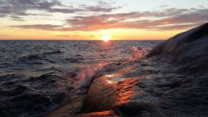 Borde pilgrimslederna ledas förbi solnedgångar i skärgården? Vågor färgas rosa då de slår mot en klippa i solnedgången.