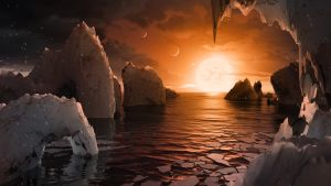 En konstnärs uppfattning av hur det kan se ut på en av exoplaneterna, Trappist-1f. TRAPPIST-1f