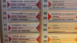 En jukebox, där du kan bl.a kan välja musik av Irwin Goodman, Juice Leskinen, Popeda och Baccara.