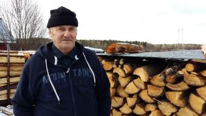 Karl-Erik Sundin med resultatet av vinterns skogsarbete. Karl-Erik Sundin med resultatet av vinterns skogsarbete.