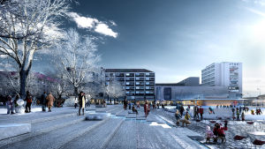 Vision över Salutorget. Visioner för Salutorget i Åbo. På bilden syns toget i vinterlandskap med en skridskorink mitt på torget.