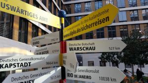 Från Tysklands utrikesministerium är avståndet till Warszawa 527 kilometer. Ett närmande på gång? Vägskylt på det tyska utrikesministeriet visar vägen till Warszawa 527 kilometer