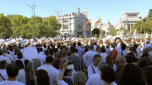 Vitklädda människor har samlats på torget Plaza de Cibeles i Madrid för att demonstrera för en dialog mellan Katalonien och den spanska regeringen. Vitklädda människor har samlats på torget Plaza de Cibeles i Madrid för att demonstrera för en dialog mellan Katalonien och den spanska regeringen.