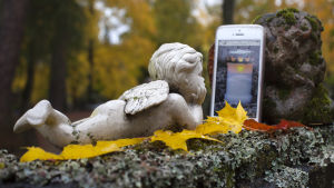 En liggande ängel på en gravsten tittar på en mobil med bilden av ett gravljus.