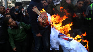 Demonstranter i Nablus på Västbanken bränner en docka som föreställer Donald Trump Palestinska demonstranter bränner en docka som föreställer president Donald Trump i protest mot att Trump tänker flytta USA:s ambassad från Tel Aviv till Jerusalem