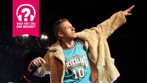 Rapparen Macklemore sträcker upp ena armen med en mikrofon i andra handen.