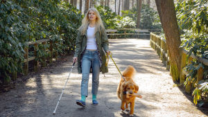 Näkövammaista Donnaa näyttelevä Alina Tomnikov kävelee puistossa koira toisessa kädessä hihnassa, valkoinen keppi toisessa. Koira kantaa suussaan dildoa kuin keppiä.