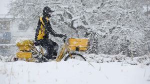 En postiljon cyklar genom Riedlingen i södra Tyskland trots snövädret. En postiljon cyklar genom snön i Riedlingen i södra Tyskland.