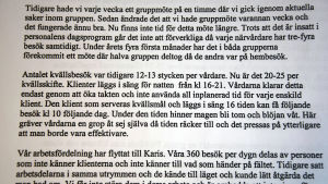 En del av brevet som skickats till politikerna i social- och hälsovårdsnämnden i Raseborg. Ett brev från Vård i hemmet i Ekenäs till Raseborgspolitiker.