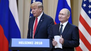 USA:s president Donald Trump och Rysslands president Vladimir Putin under den avslutande presskonferensen efter toppmötet i Helsingfors i måndags. USA:s president Donald Trump och Rysslands president Vladimir Putin under den avslutande presskonferensen efter toppmötet i Helsingfors i måndags.