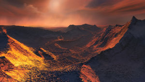 En konstnärs uppfattning av hur det kunde se ut på den upptäckta exoplanetens yta. Planeten kretsar kring den röda dvärgstjärnan Barnards stjärna. Barnard b