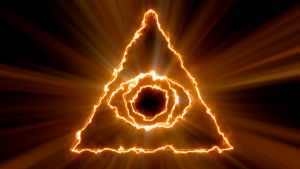 Ett brinnande öga i en pyramid mot svart bakgrund.