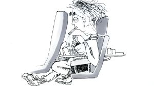 piirros jossa nainen on ahtautunut lentokoneen penkkiin 