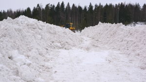 Mycket snö på tippen men gott om plats för mer. Traktor på snötippen i Borgå.