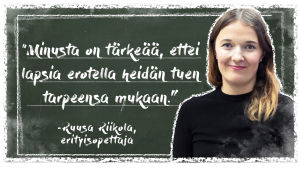 Kuvassa Vantaan VIerumäen koulun erityisopettaja Ruusa Riikola on liitutaulun edessä. Taululla on teksti: minusta on tärkeää, ettei lapsia erotella heidän tuen tarpeensa mukaan.